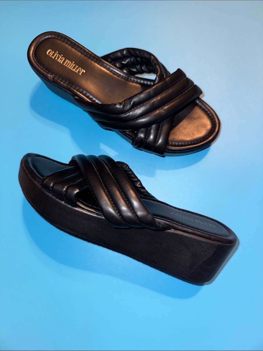 Olivia Miller Black Faux Quilted Leather Platform Sandals Slides Size 9
